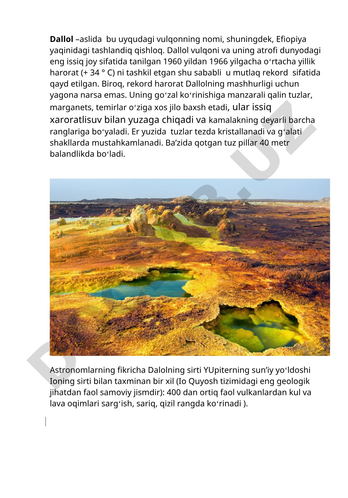 Efiopiyadagi Dallol vulqoni – dunyoning eng issiq joyi