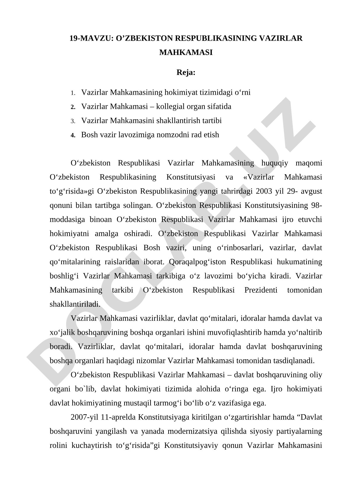 O'zbekiston Respublikasining Vazirlar Mahkamasi