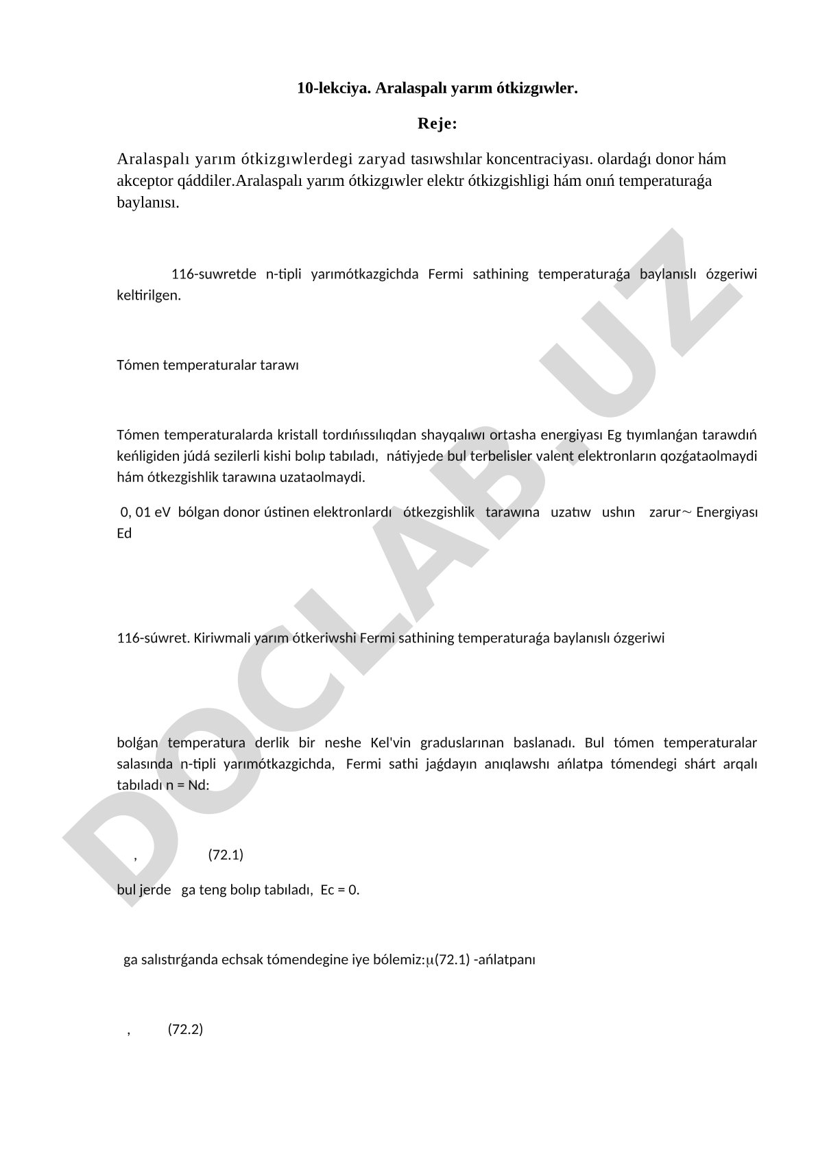 Aralaspa yarım ótkizgıwlerdegi zaryad tasıwshılar koncentraciyası