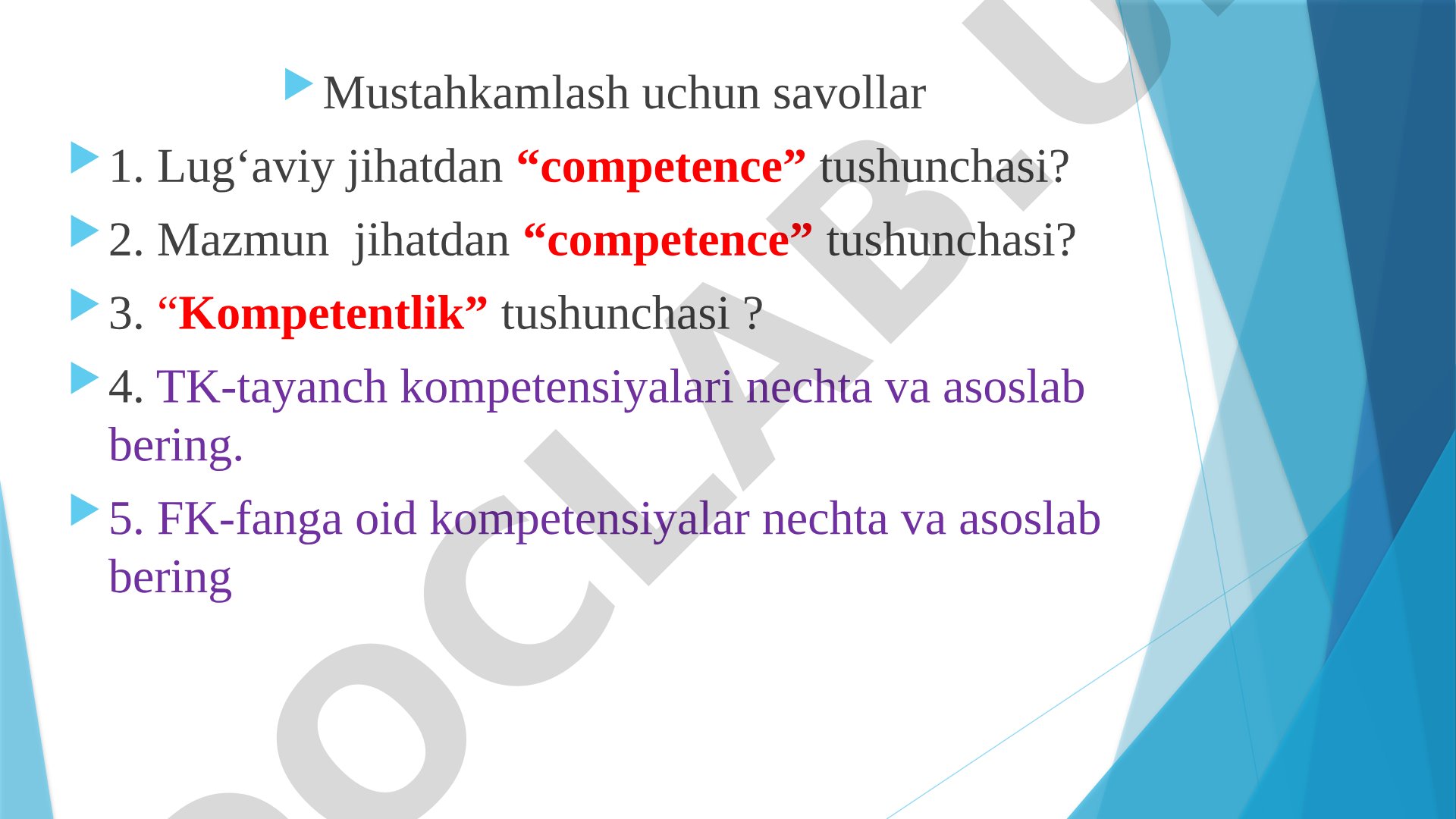 Kompetensiya tushunchasi va turlari bo'yicha savol-javoblar