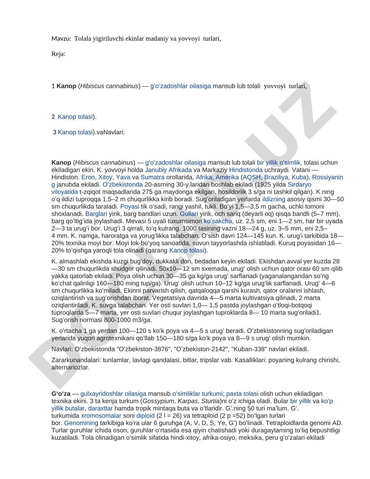 Tolala yigiriluvchi ekinlar madaniy va yovvoyi turlari