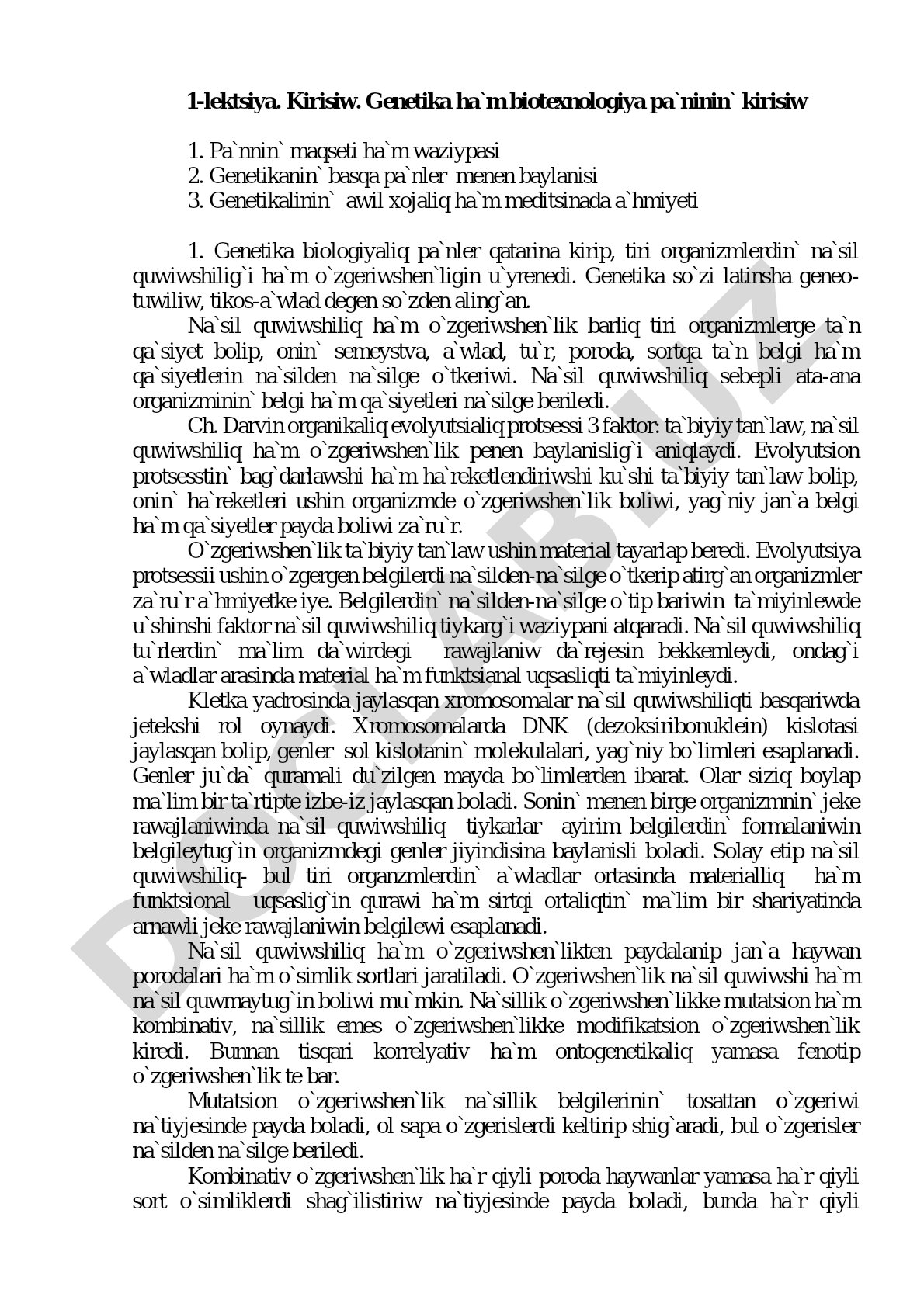 Genetika ha`m biotexnologiya pa`ninin` kirisiw