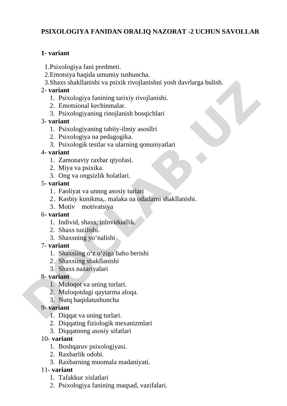 Psixologiya fanidan oraliq nazorat -2 uchun savollar