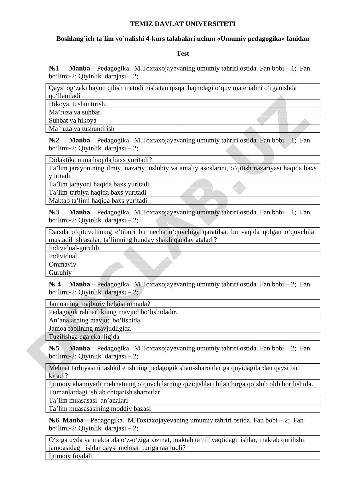Umumiy pedagogika fanidan test savollari