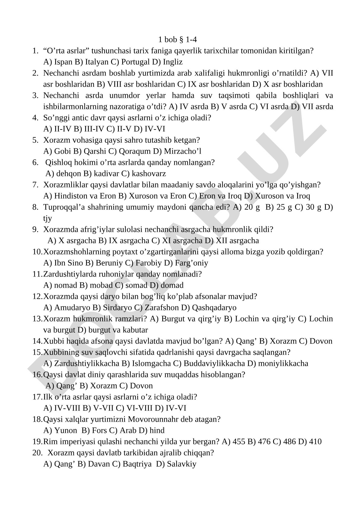 O'rta asrlar va Xorazm tarixidan test savollari