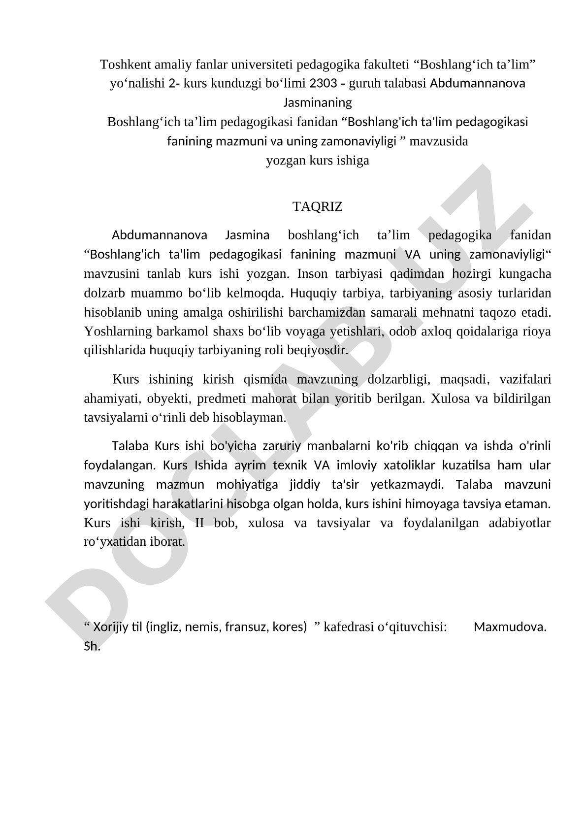Boshlang'ich ta'lim pedagogikasi fanining mazmuni va uning zamonaviyligi