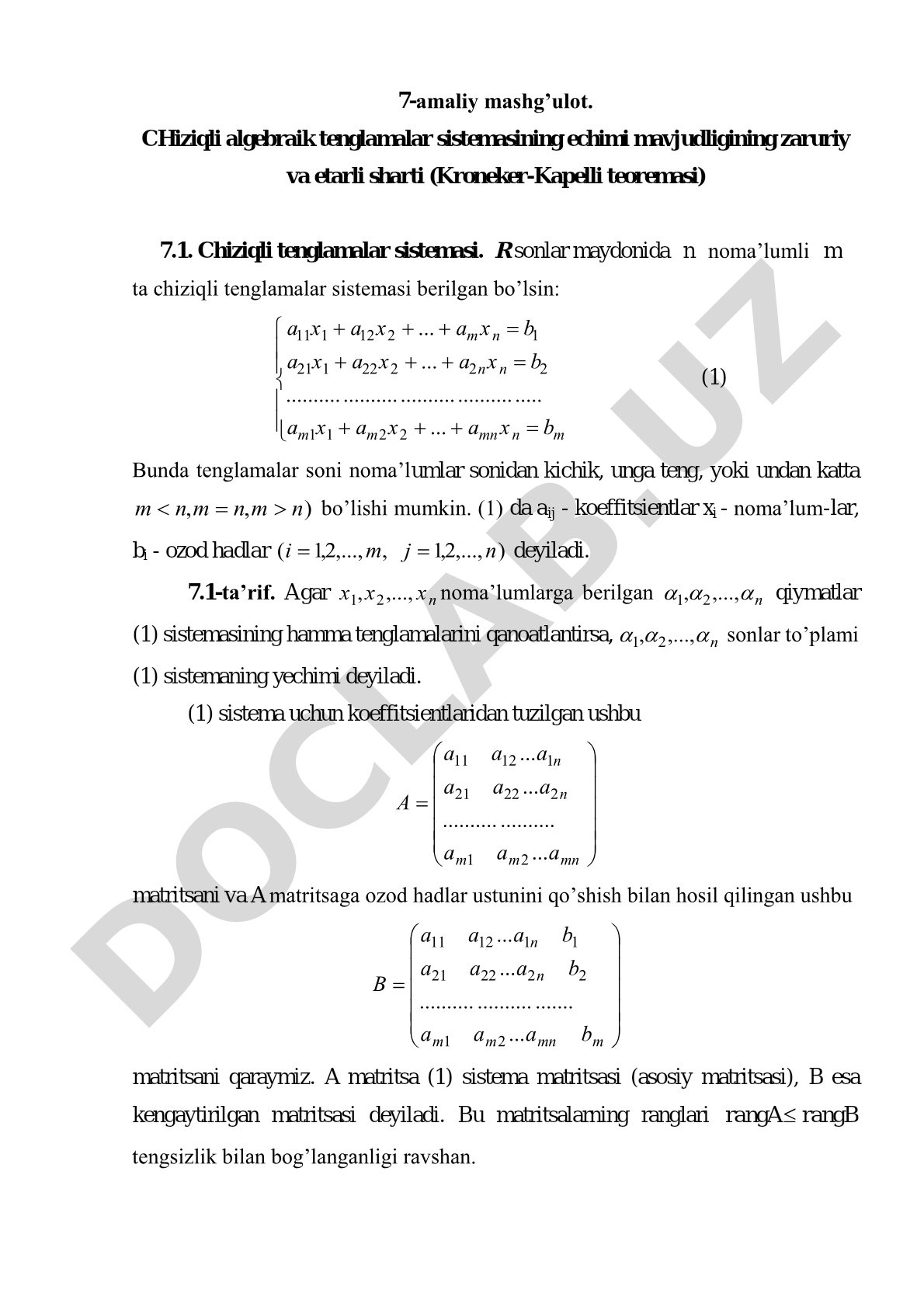 Chiziqli algebraik tenglamalar sistemasining echimi mavjudligining zaruriy va etarli sharti