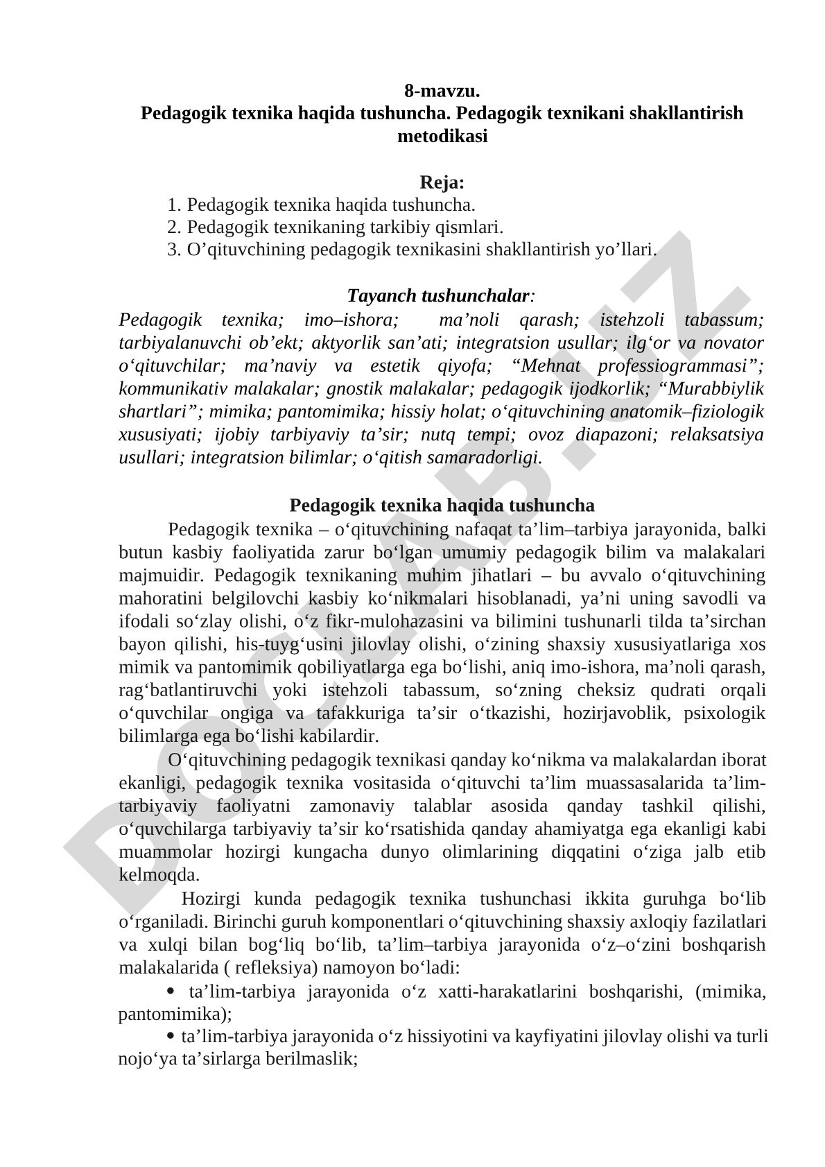 Pedagogik texnika haqida tushuncha. Pedagogik texnikani shakllantirish metodikasi