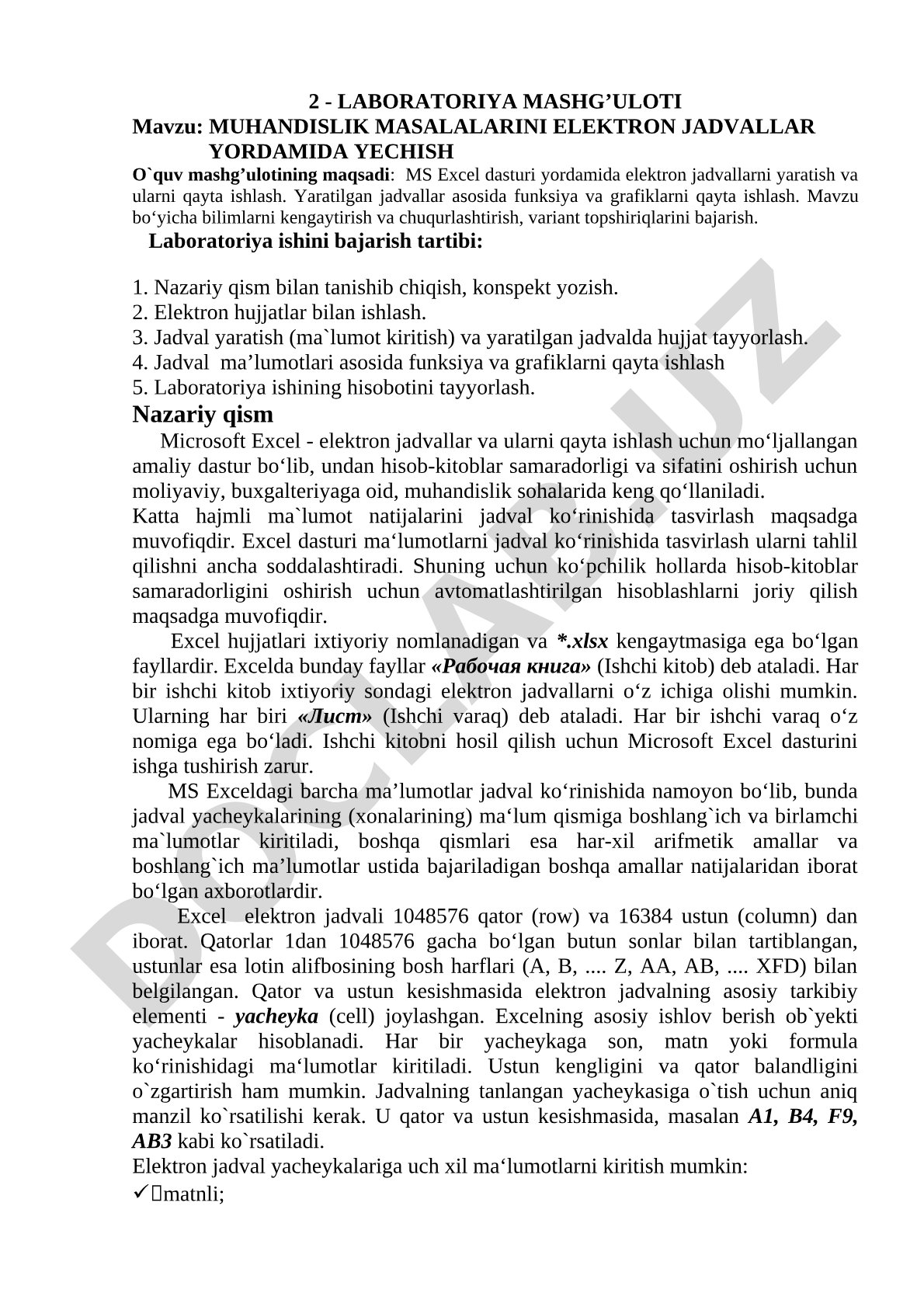 Muhandislik masalalarini elektron jadvallar yordamida yechish