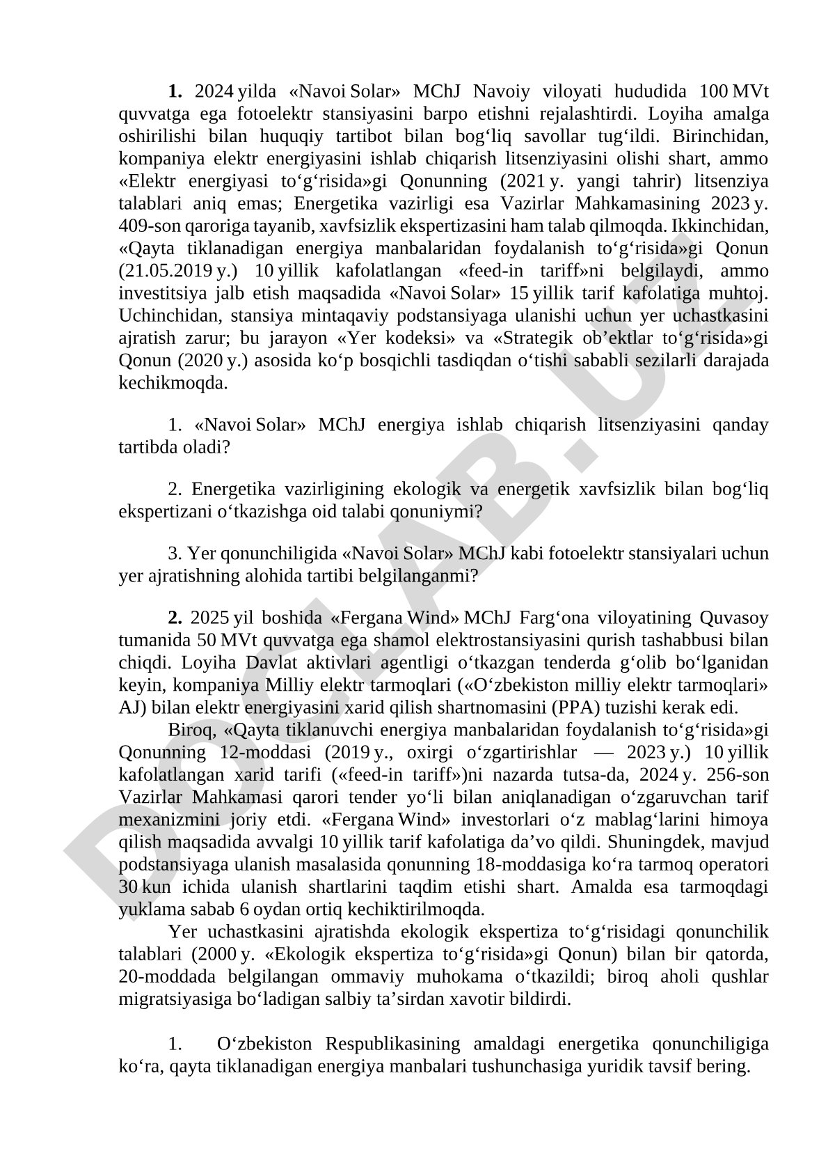 Navoi Solar fotoelektr stansiyasi loyihasining huquqiy jihatlari
