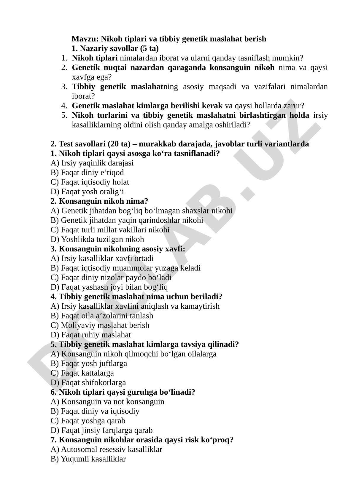 Nikoh tiplari va tibbiy genetik maslahat berish