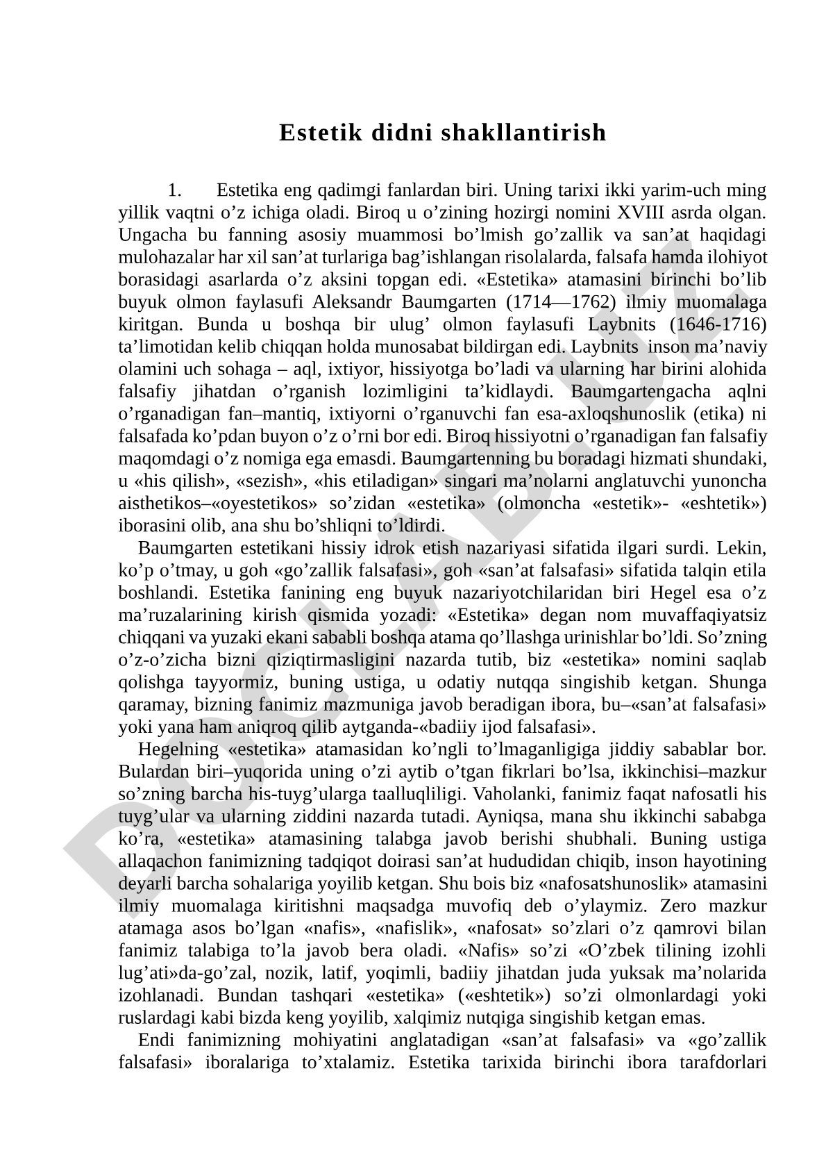Estetika atamasi Baumgarten tomonidan kiritilgani va Laybnits ta'limoti haqida hikoya