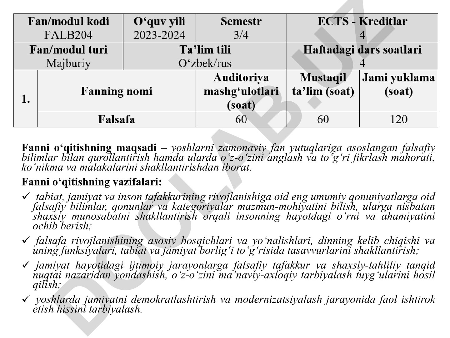 Falsafa fanini o'qitishning maqsad va vazifalari