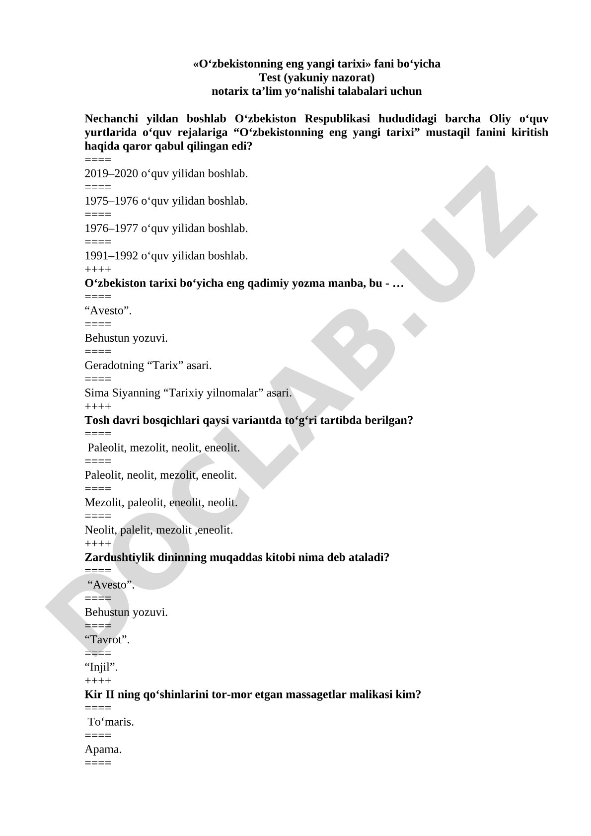 O‘zbekistonning eng yangi tarixi fanidan test