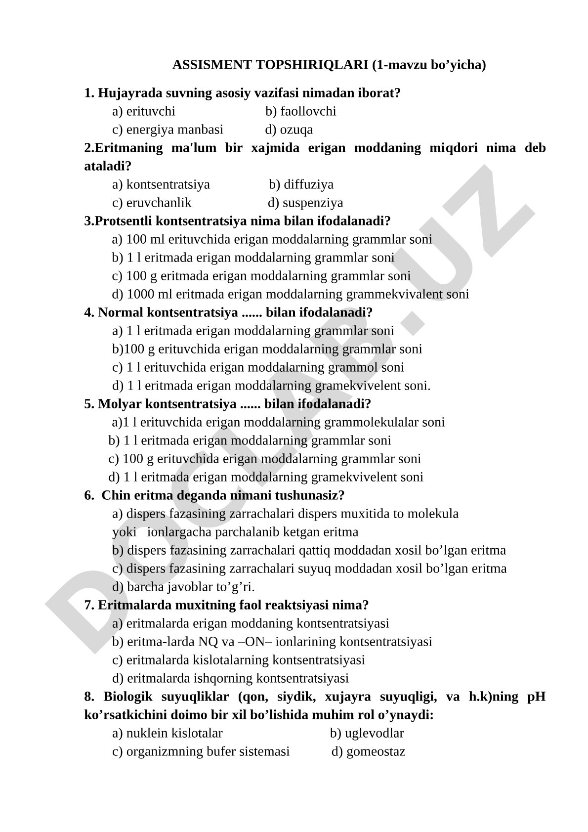 Suvning vazifasi va eritmalar konsentratsiyasi turlari