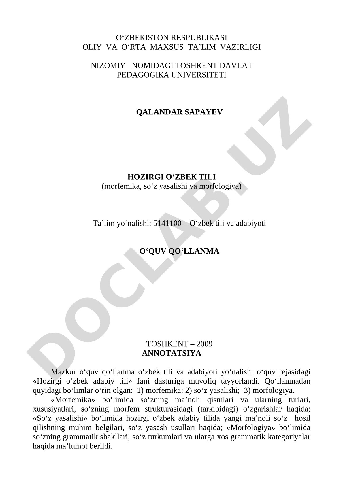 Hozirgi o‘zbek tili (morfemika, so‘z yasalishi va morfologiya)