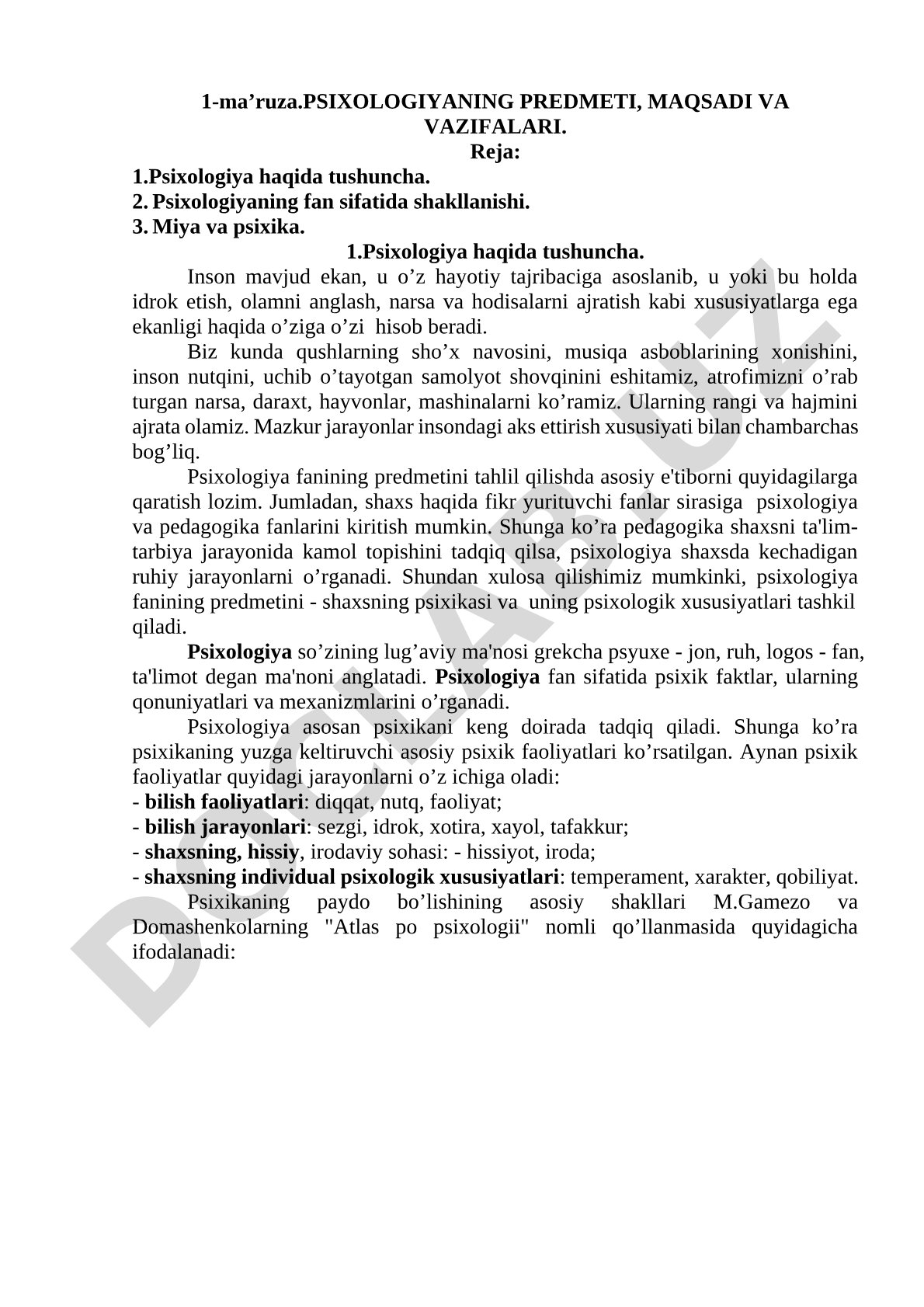Psixologiyaning predmeti, maqsadi va vazifalari