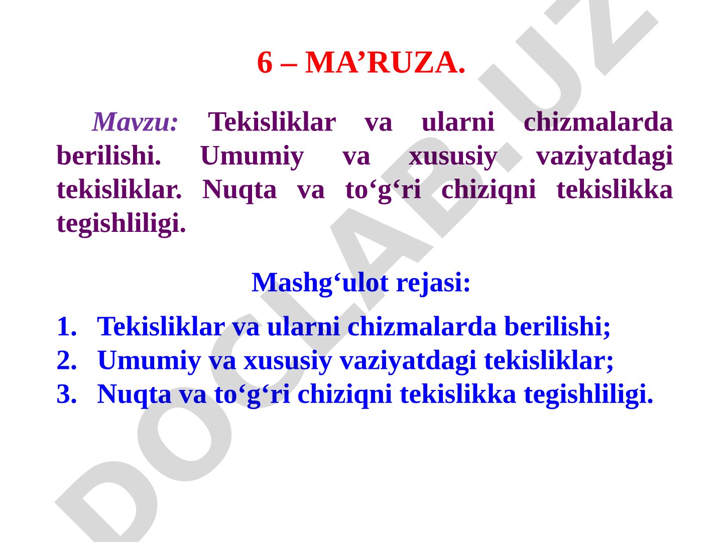 Tekisliklar va ularni chizmalarda berilishi