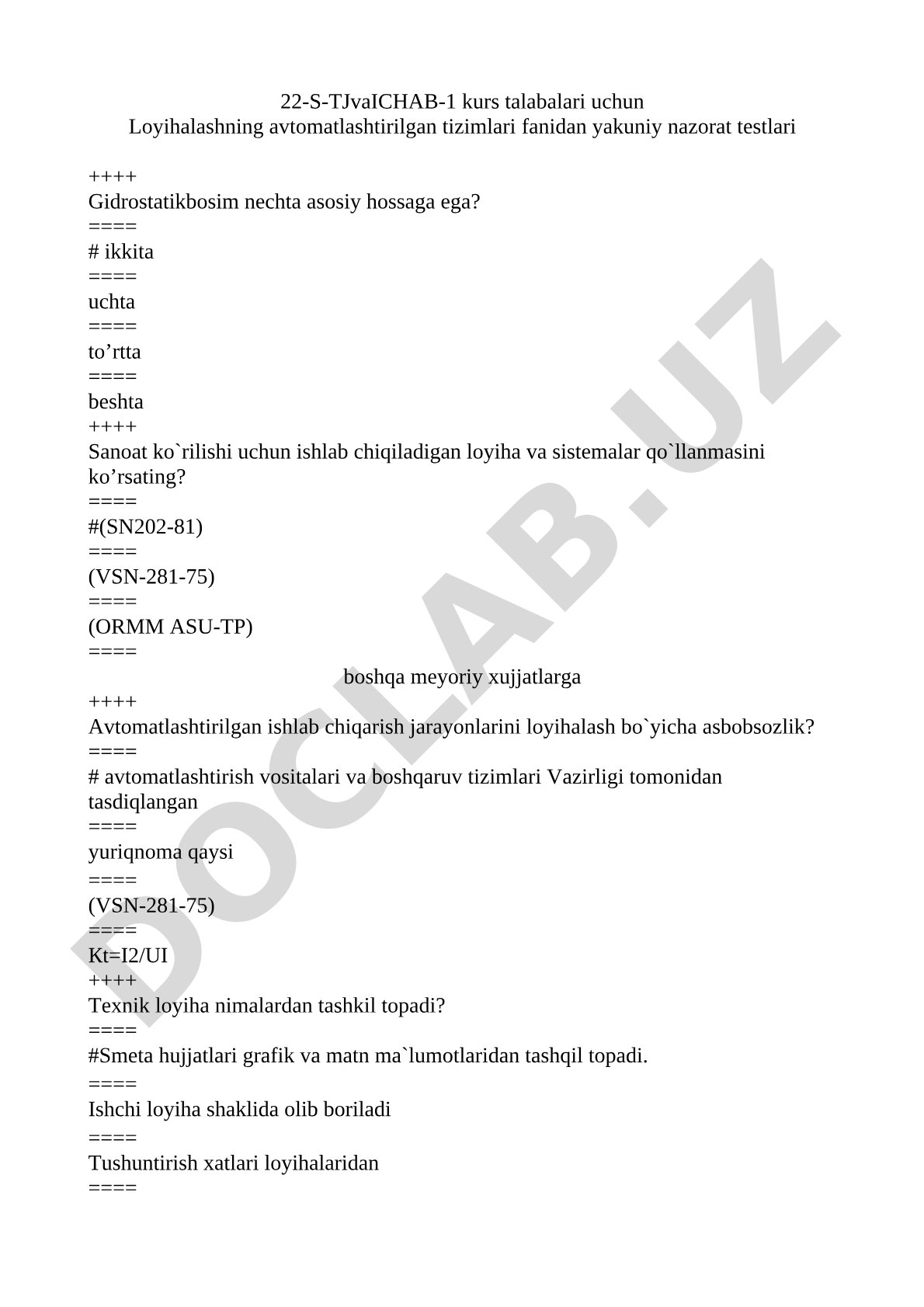 Loyihalashning avtomatlashtirilgan tizimlari fanidan yakuniy nazorat testlari