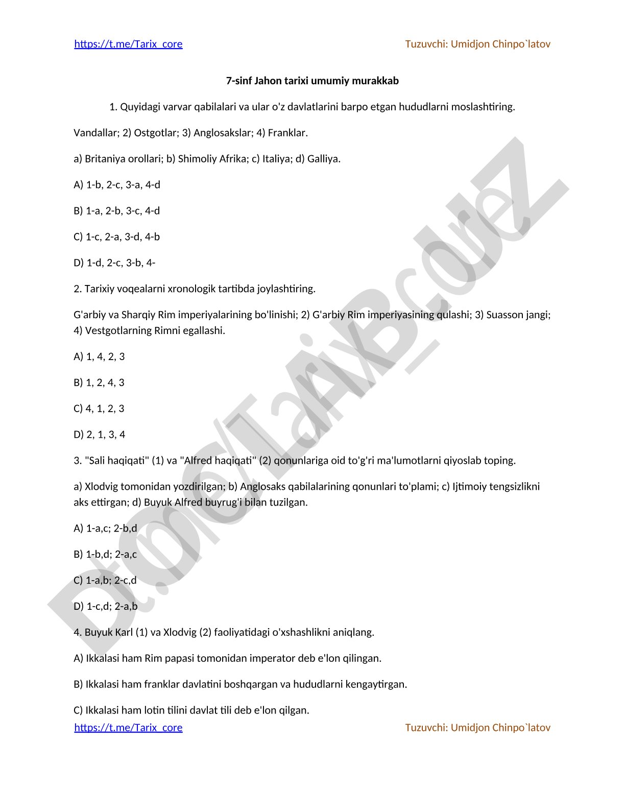 7-sinf Jahon tarixi test savollari