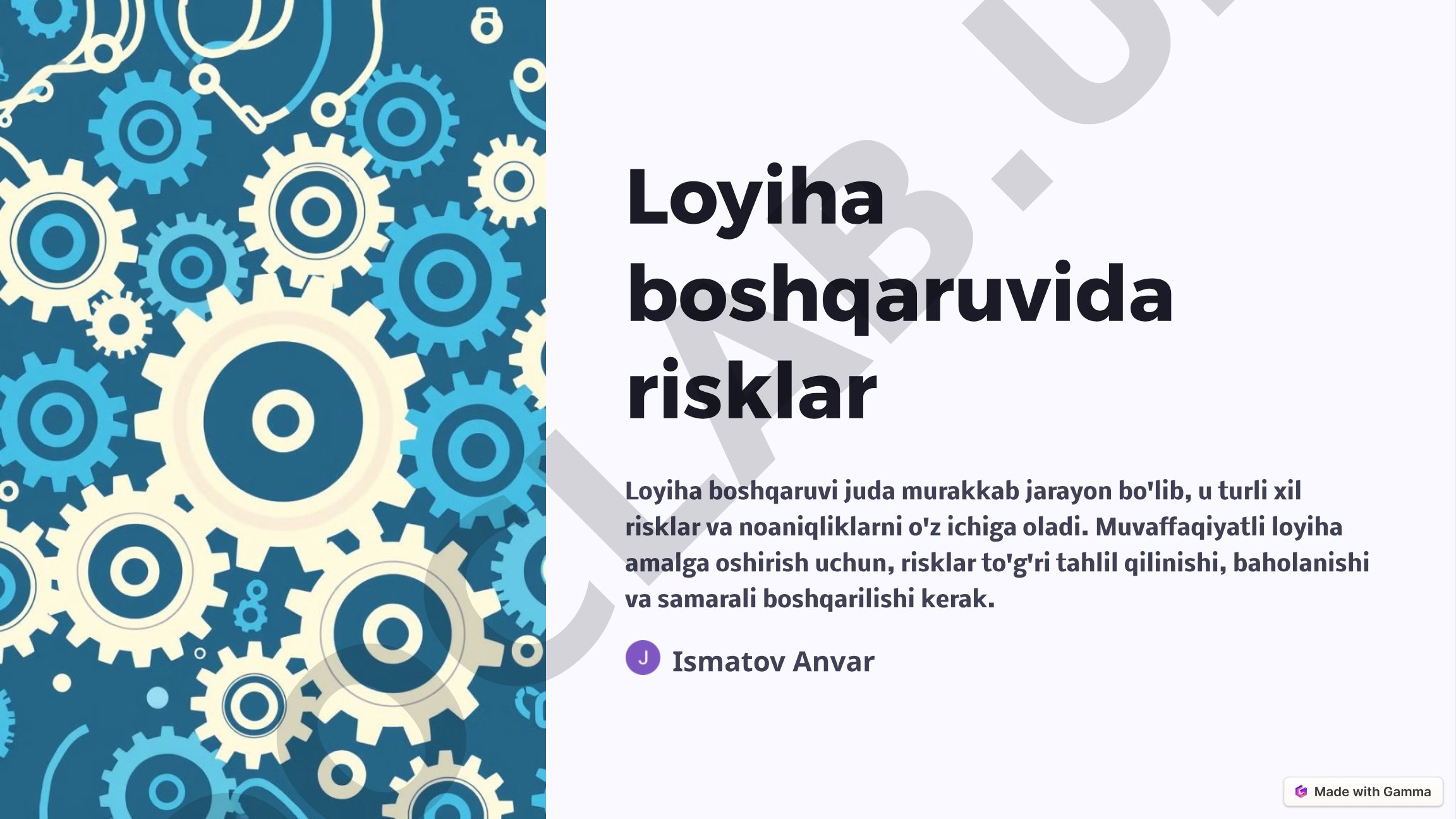 Loyiha boshqaruvida risk turlari, tahlil va boshqarish jarayonlari yoritilgan