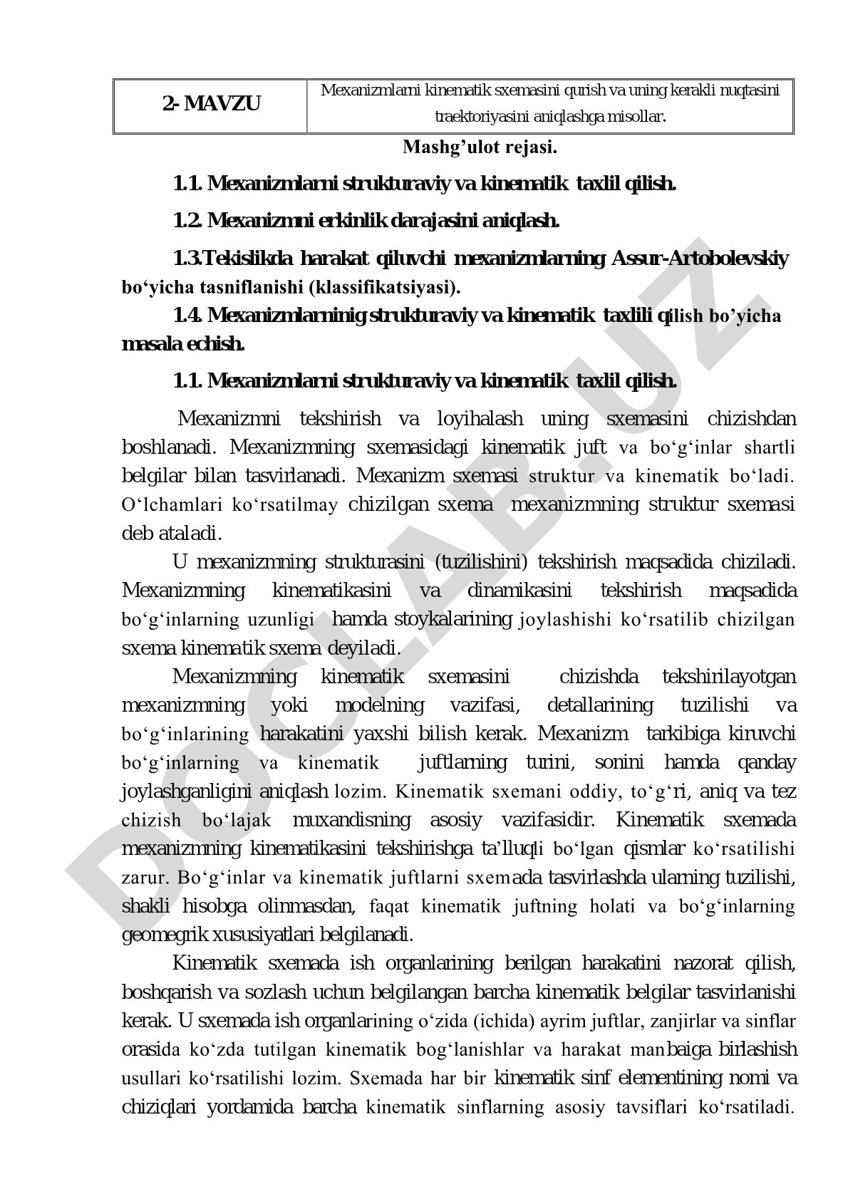 Mexanizmlarni strukturaviy va kinematik taxlil qilish
