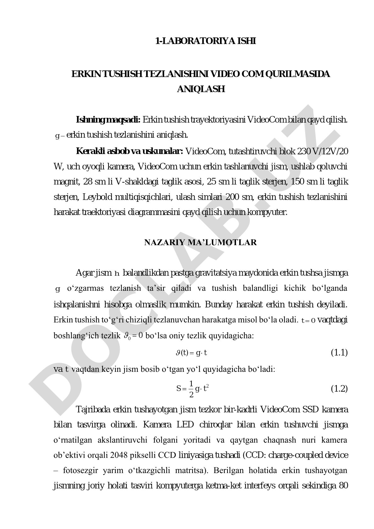 Erkin tushish tezlanishini VideoCom qurilmasida aniqlash