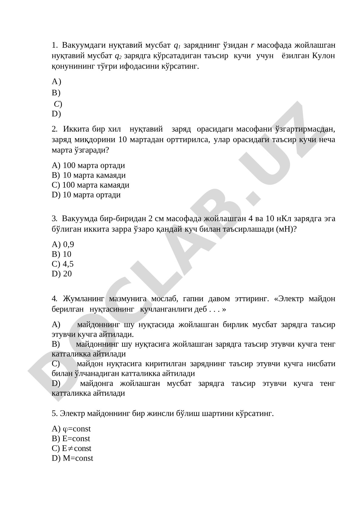 Elektrostatika: Kulon qonuni va elektr maydon kuchlanganligi