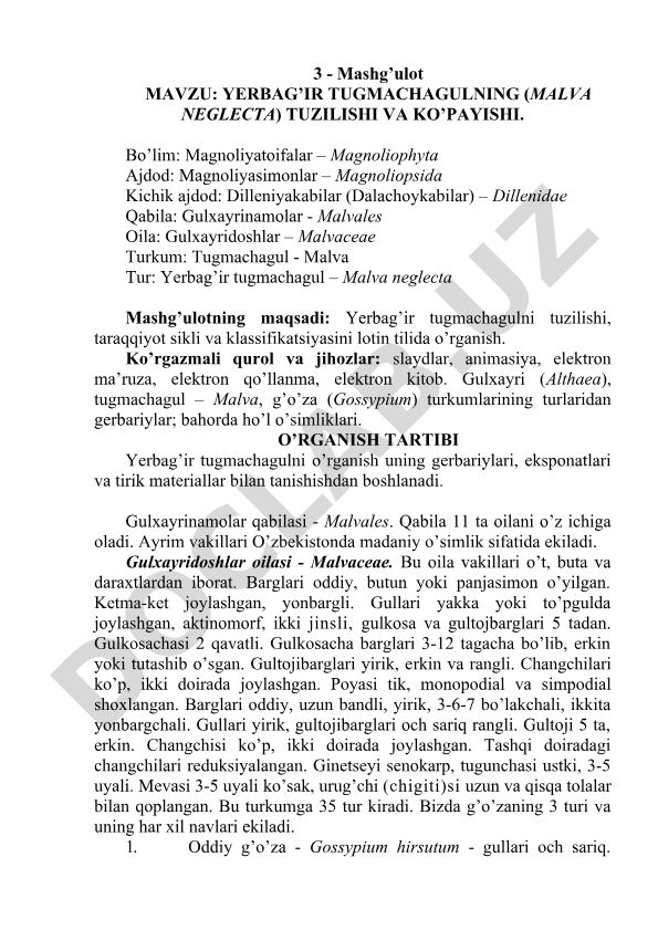 Yerbag'ir tugmachagulning (Malva neglecta) tuzilishi va ko'payishi