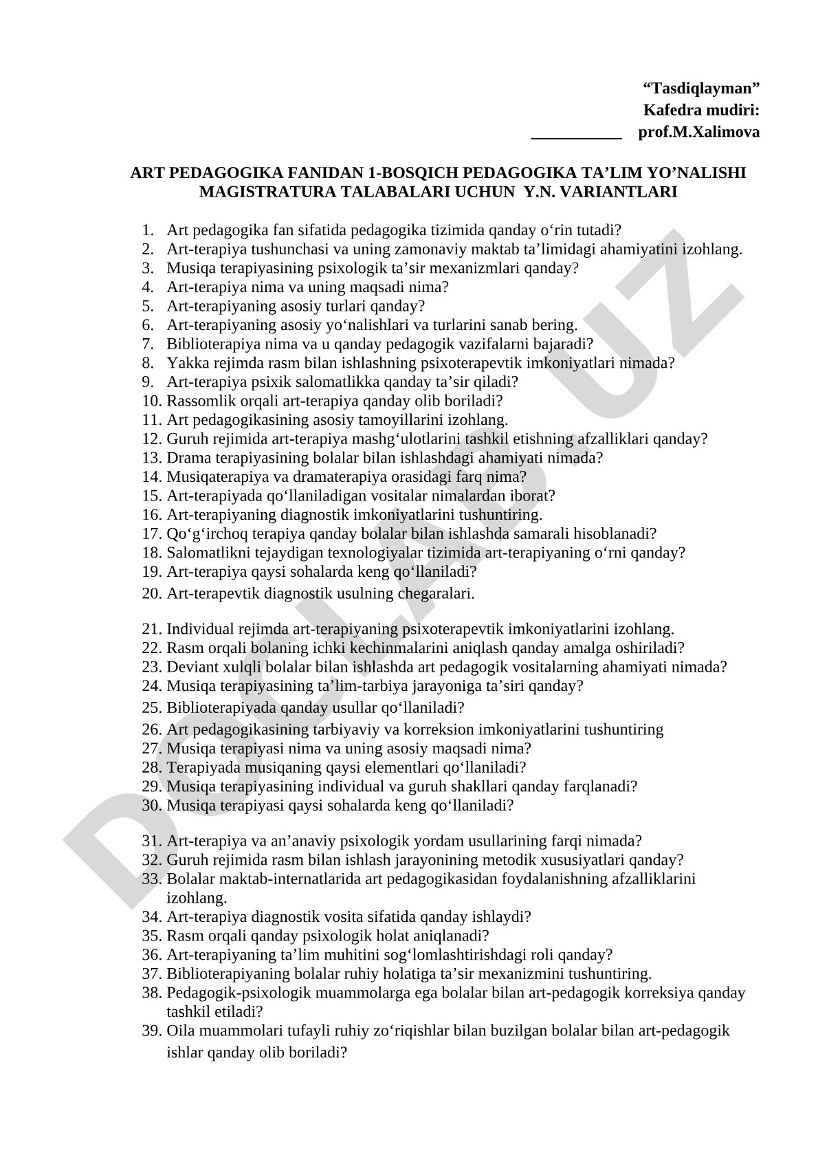 Art pedagogika fanidan nazorat savollari