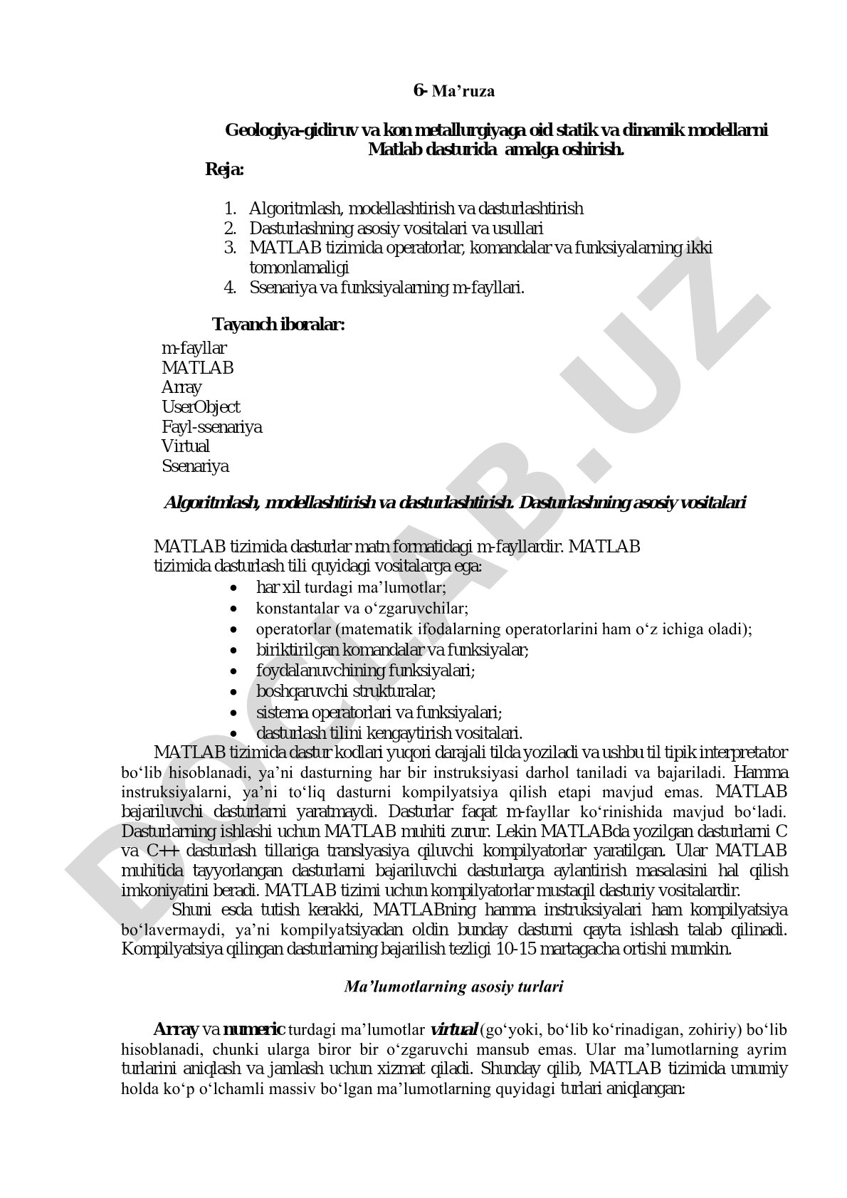 Geologiya-gidiruv va kon metallurgiyaga oid statik va dinamik modellarni Matlab dasturida amalga oshirish