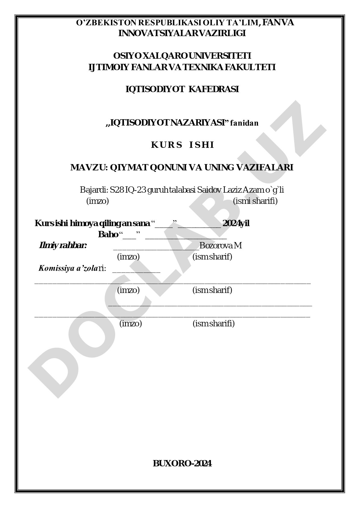Qiymat qonuni va uning vazifalari