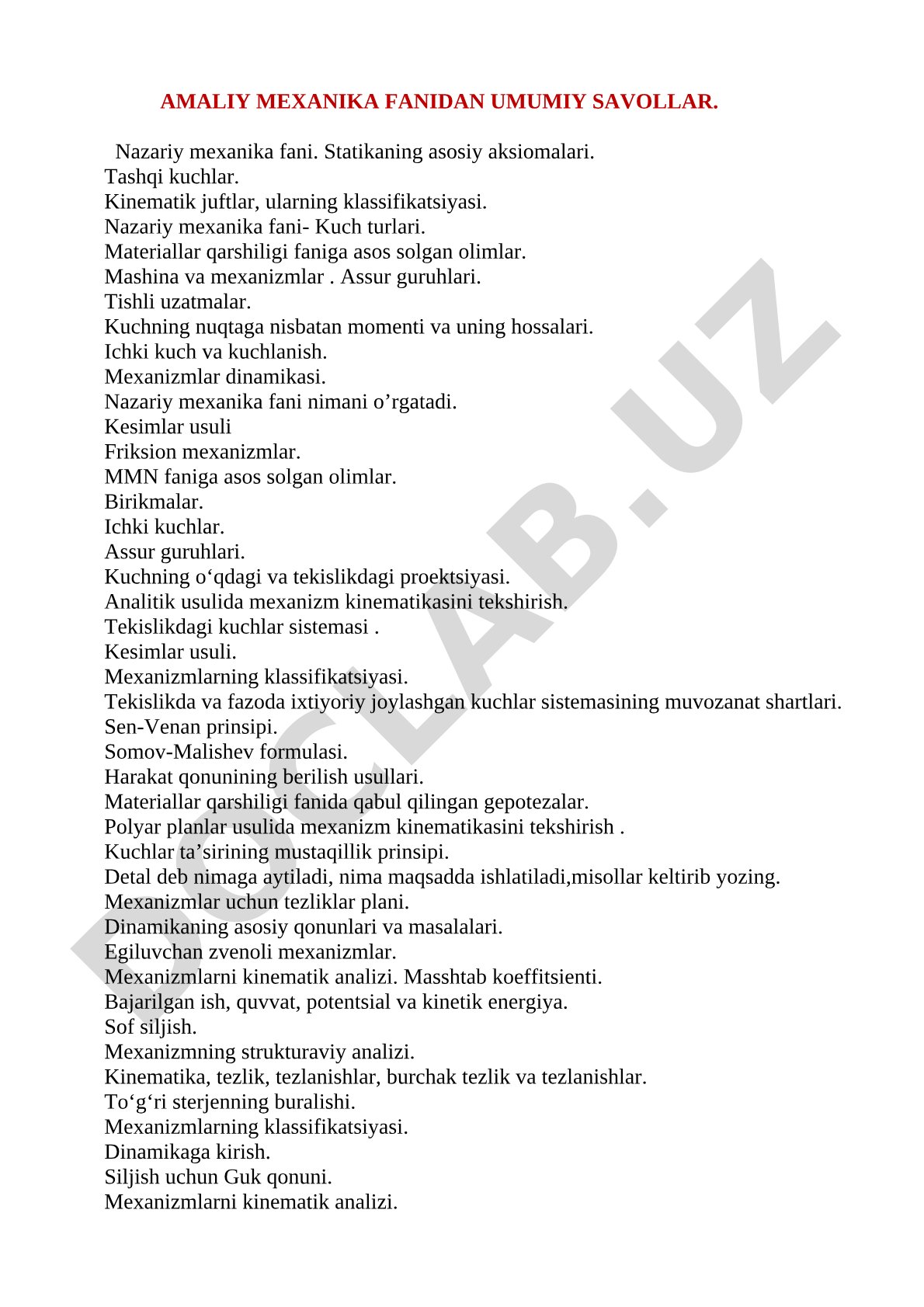Amaliy mexanika fanidan umumiy savollar