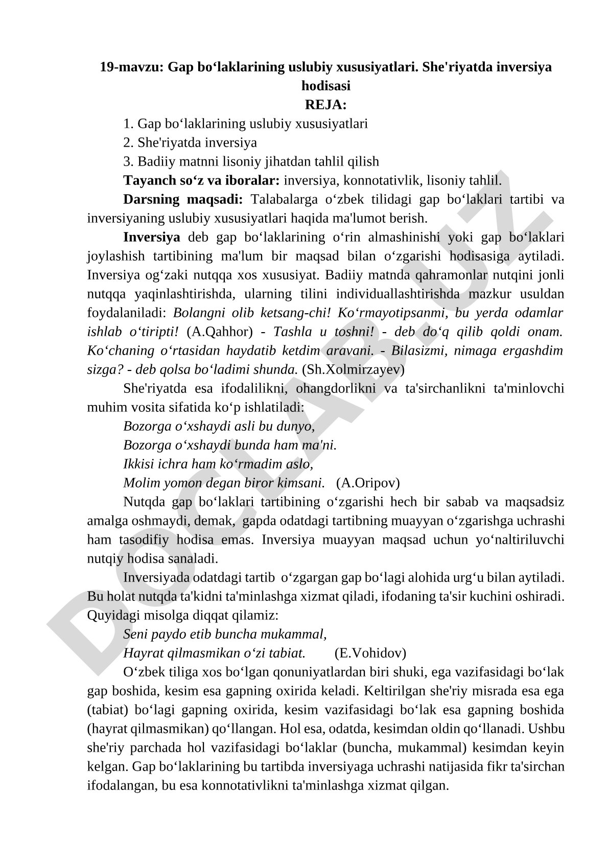 Gap bo‘laklarining uslubiy xususiyatlari. She'riyatda inversiya hodisasi
