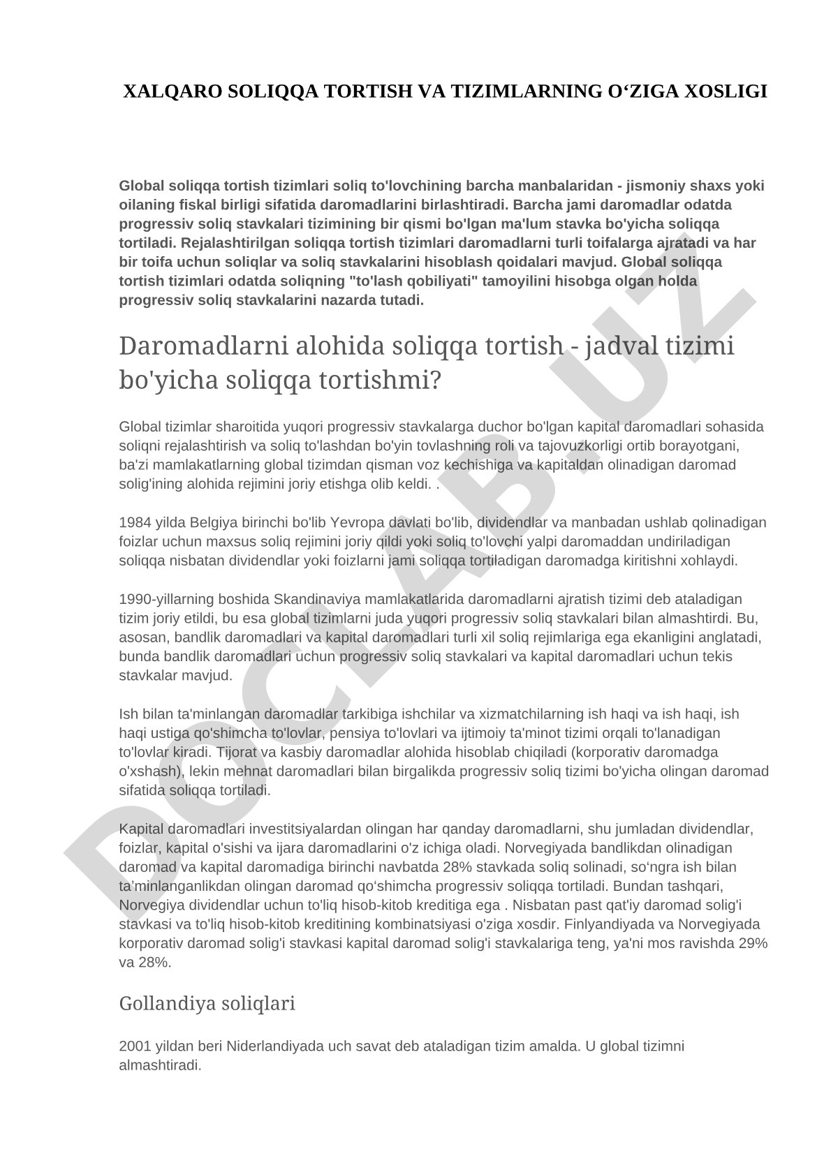 Xalqaro soliqqa tortish va tizimlarning o'ziga xosligi