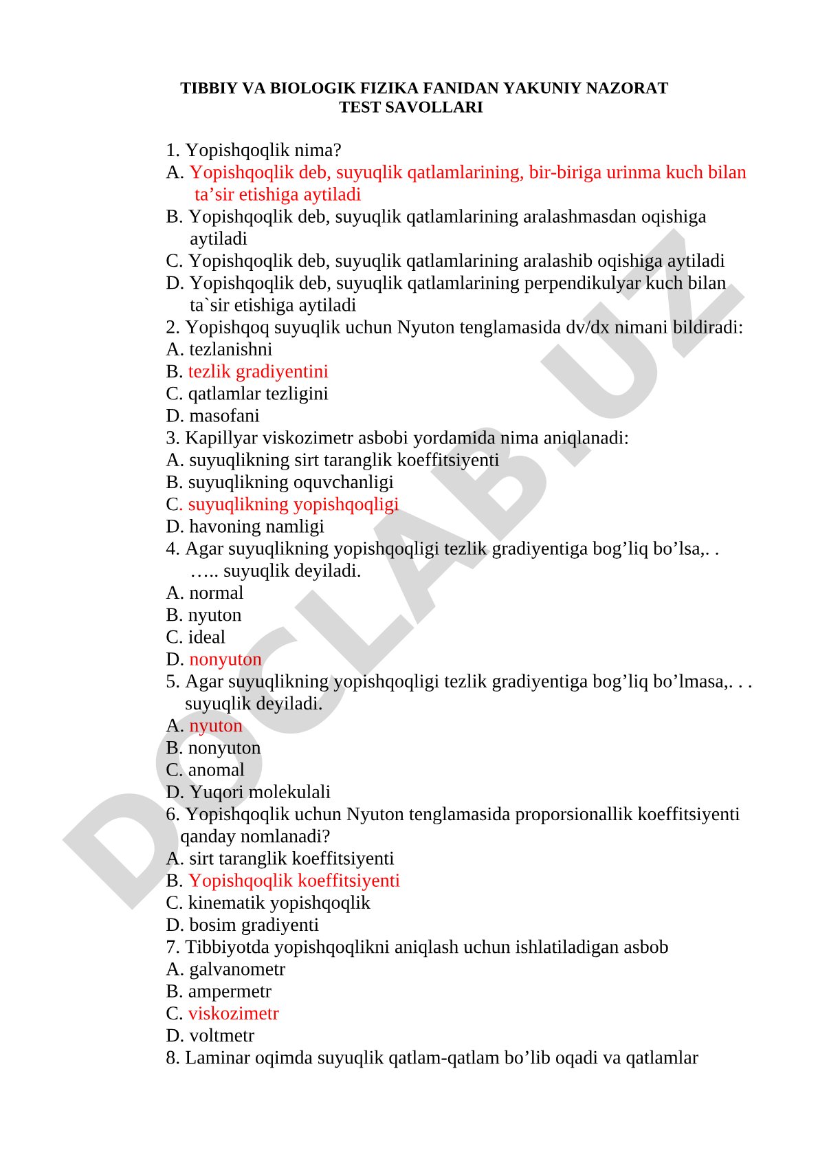 Tibbiy va biologik fizika fanidan yakuniy nazorat test savollari