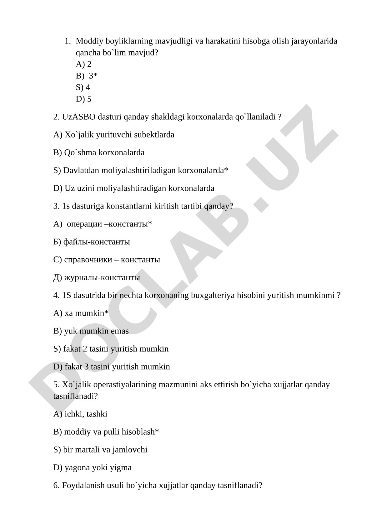 Moddiy boyliklar hisobi va 1C dasturi test savollari
