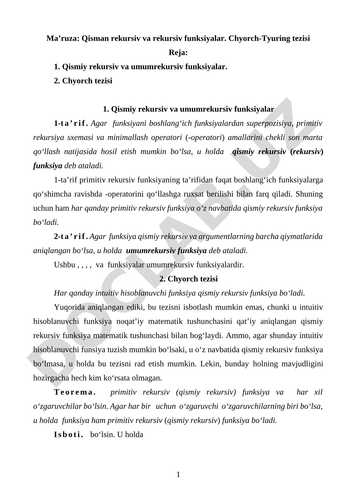 Qisman rekursiv va rekursiv funksiyalar. Chyorch-Tyuring tezisi