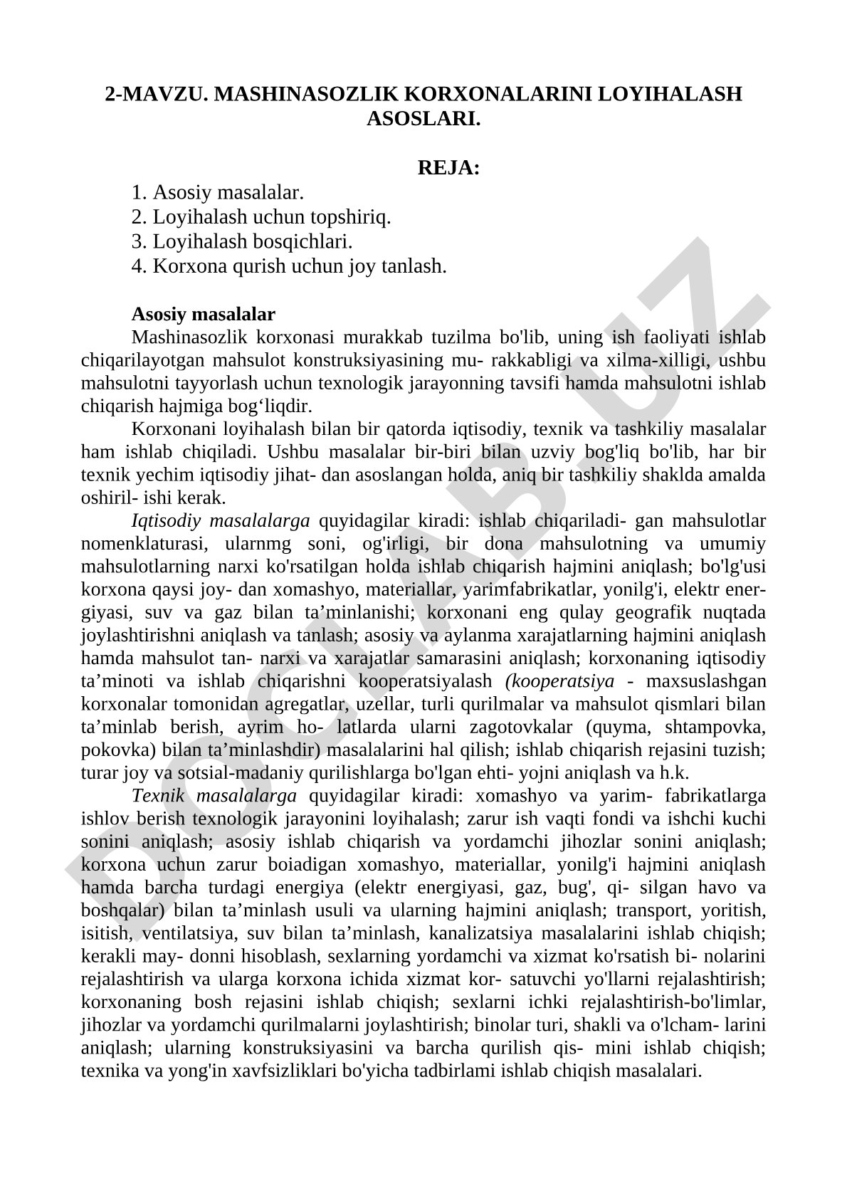 Mashinasozlik korxonalarini loyihalash asoslari
