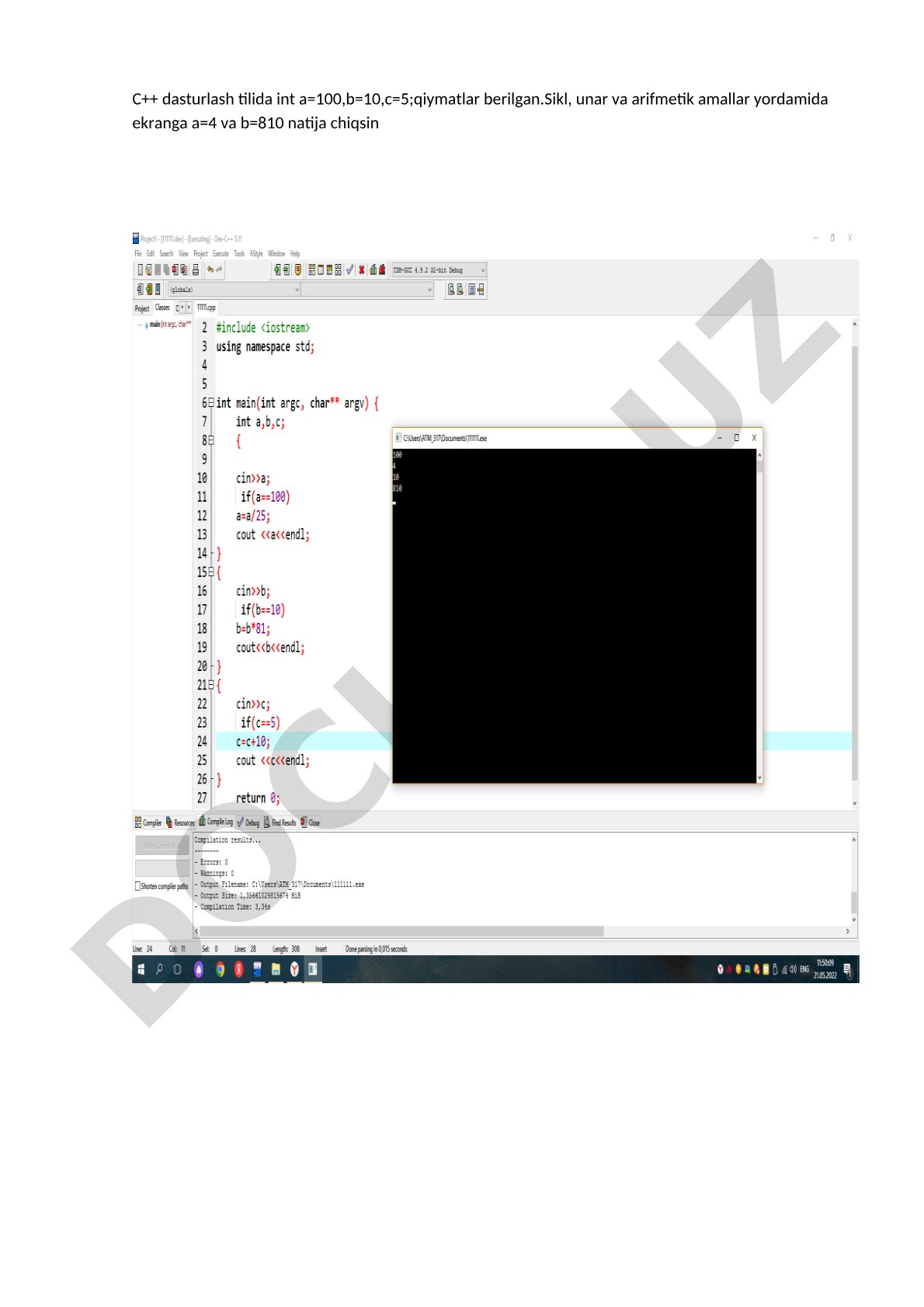 C++ dasturlash tilida sikl, unar va arifmetik amallar