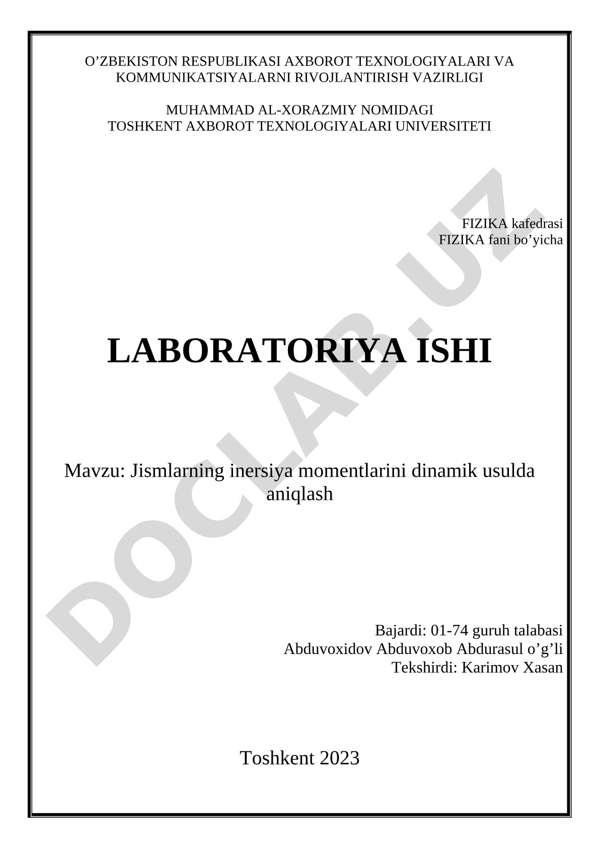 Jismlarning inersiya momentlarini dinamik usulda aniqlash