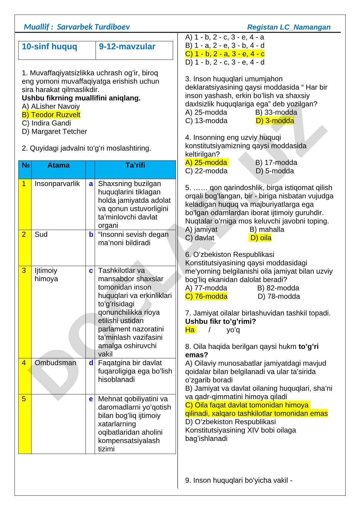 Huquq 9-12-mavzular bo'yicha test savollari