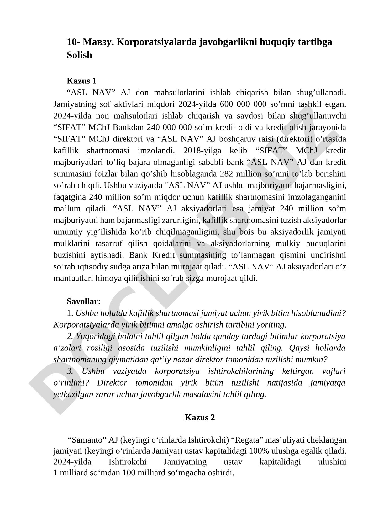 Korporatsiyalarda javobgarlikni huquqiy tartibga solish