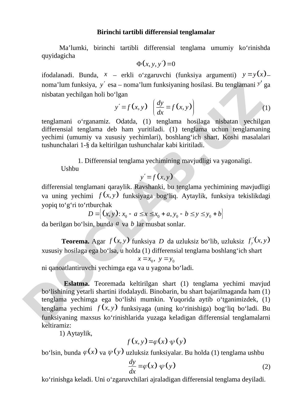 Birinchi tartibli differensial tenglamalar