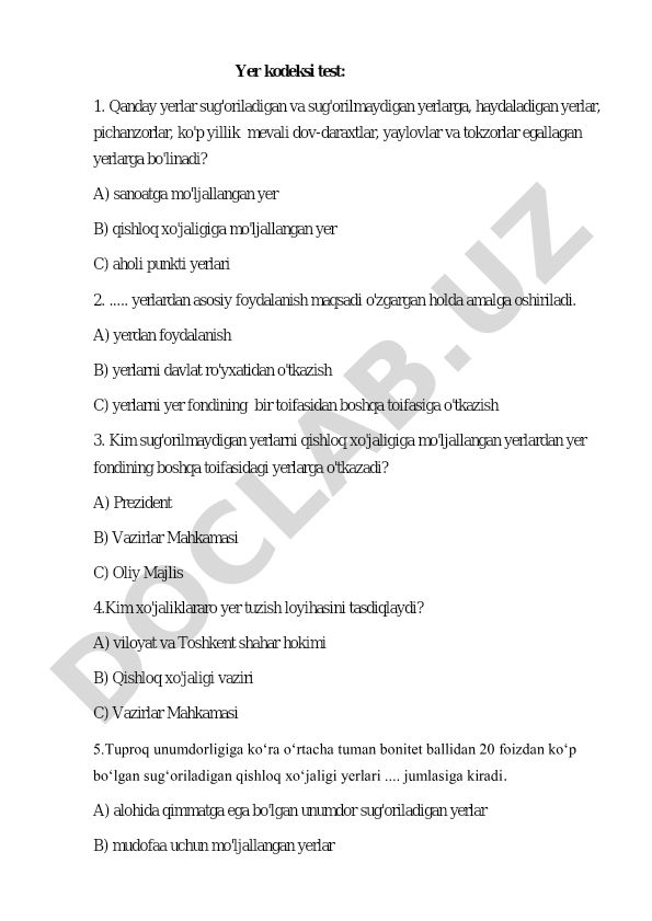 Yer kodeksi test savollari