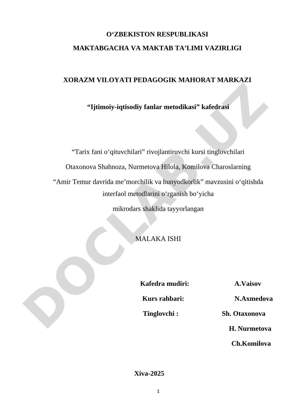 Amir Temur davrida me'morchilik va bunyodkorlik mavzusini o'qitishda interfaol metodlar