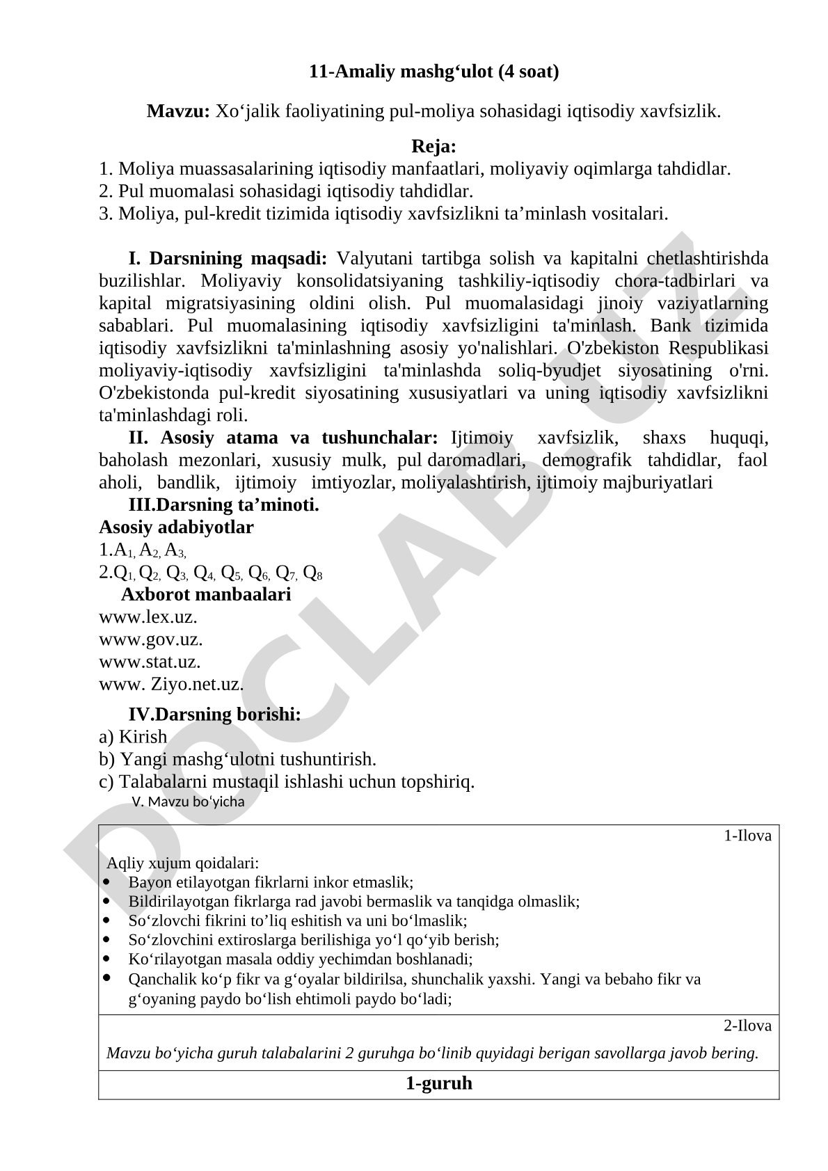 Xo'jalik faoliyatining pul-moliya sohasidagi iqtisodiy xavfsizlik