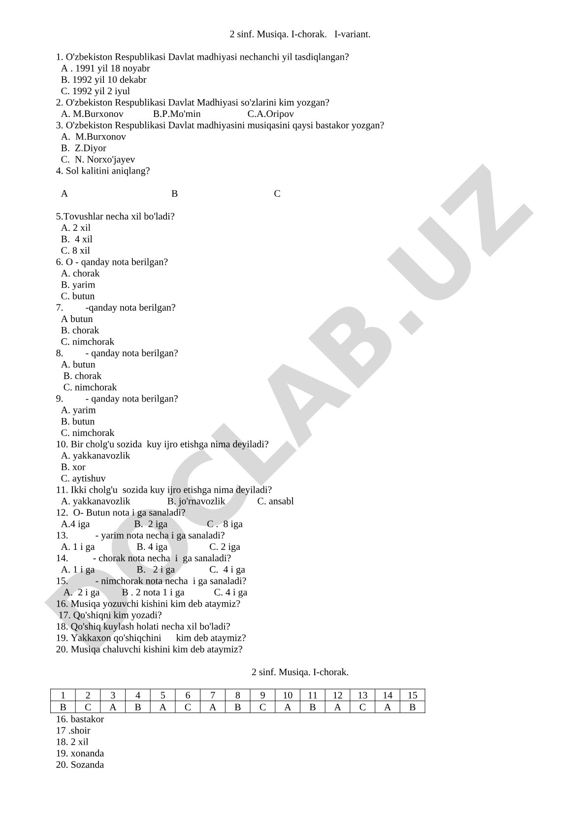 2-sinf Musiqa I-chorak I-variant test savollari
