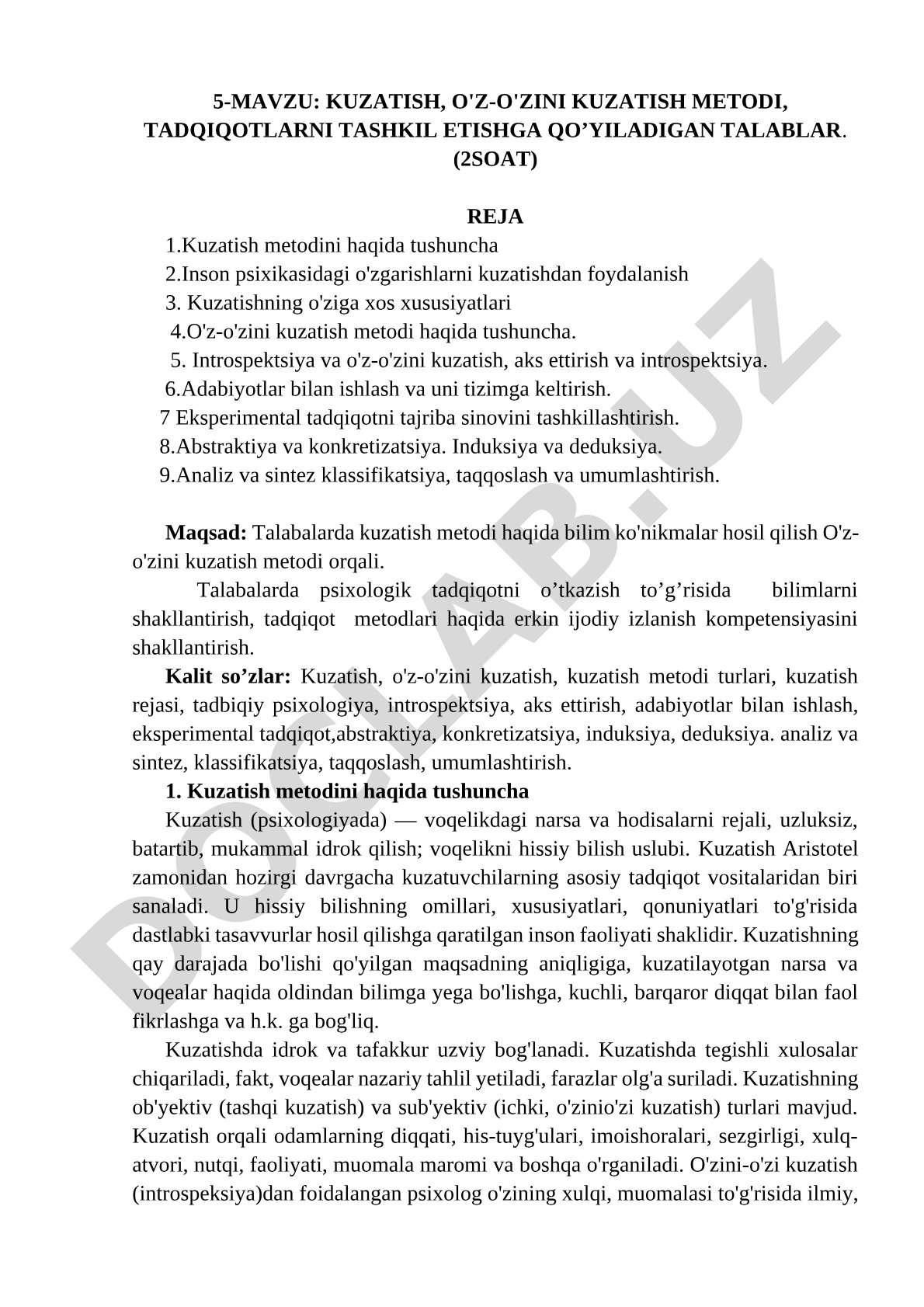 Kuzatish, o'z-o'zini kuzatish metodi, tadqiqotlarni tashkil etishga qo'yiladigan talablar