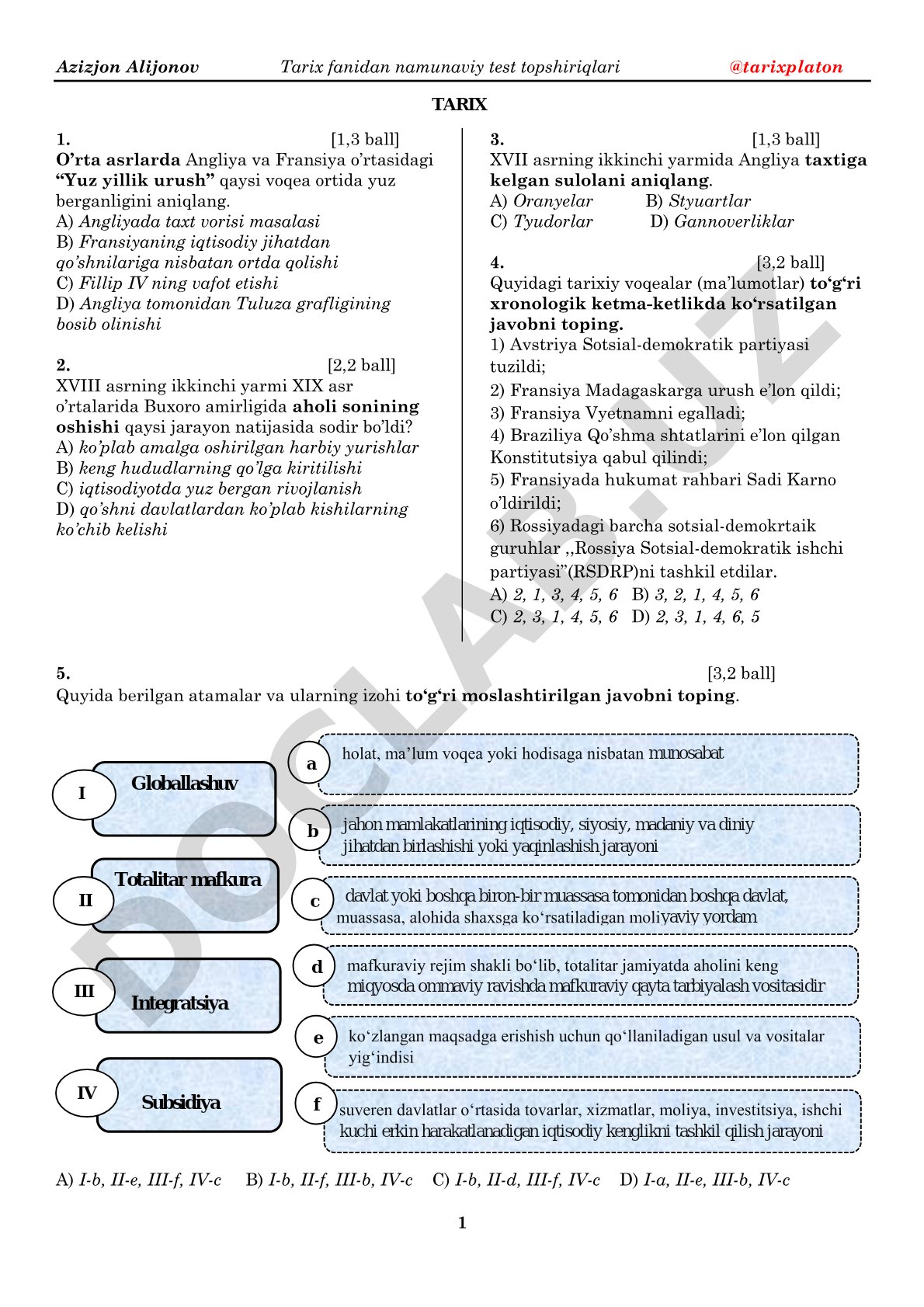 Tarix fanidan namunaviy test topshiriqlari